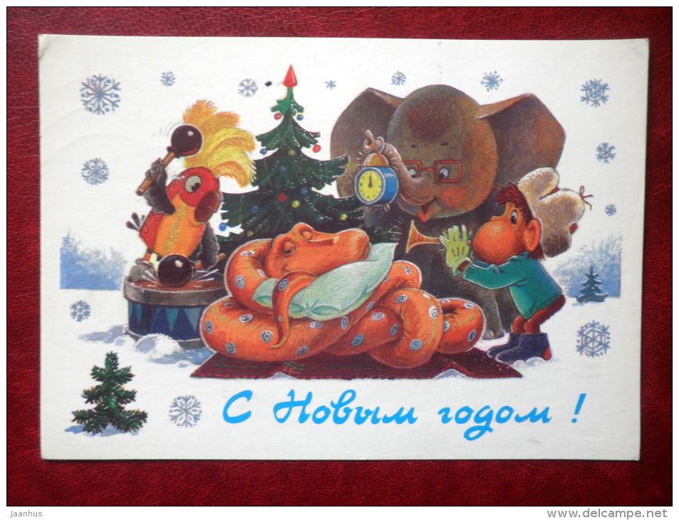 New Year greeting card - by V. Zarubin - elephant - snake - monkey - parrot - 1988 - Russia USSR - used - JH Postcards