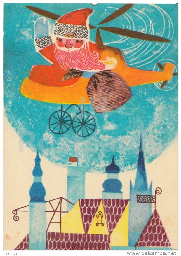 New Year Greeting card by H. Sampu - Santa Claus - Helicopter - gifts - 1968 - Estonia USSR - used - JH Postcards