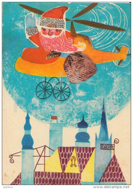 New Year Greeting card by H. Sampu - Santa Claus - Helicopter - gifts - 1968 - Estonia USSR - used - JH Postcards