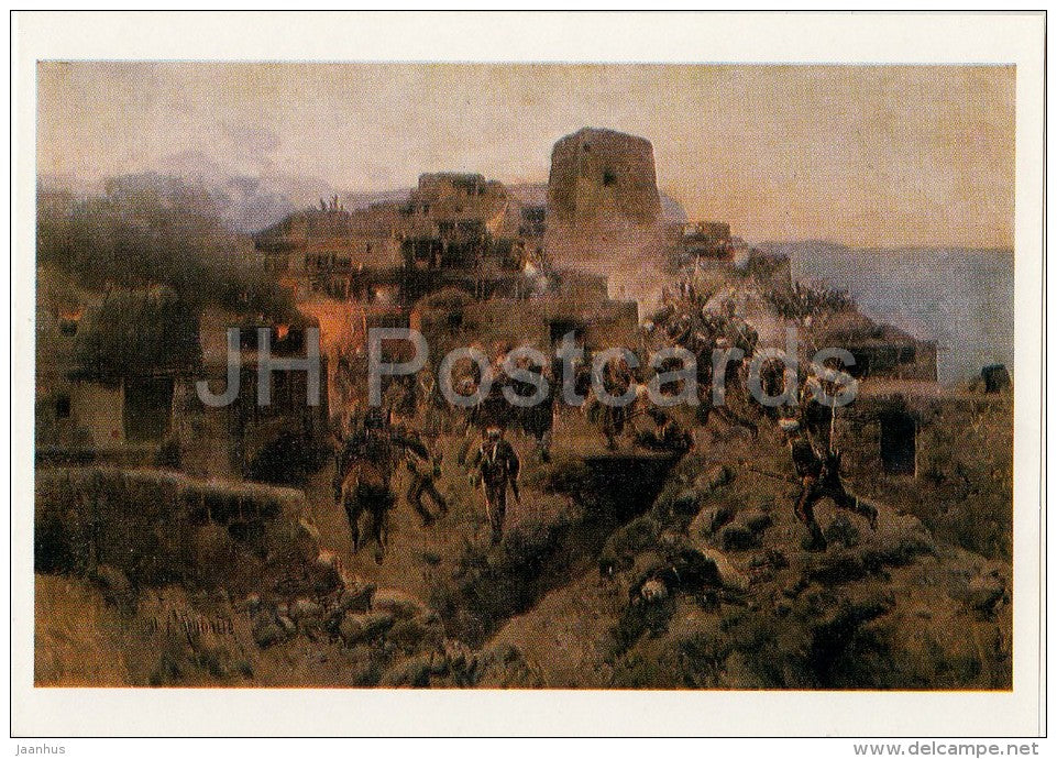 painting by F. Roubaud - Assault of the village of Gimry , 1891 - Russian art - Russia USSR - 1980 - unused - JH Postcards