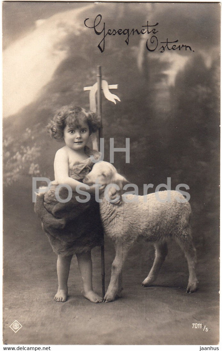 Easter Greeting Card - Gesegnete Ostern - child - lamb - 7011/5 - old postcard - 1920 - Germany - used - JH Postcards