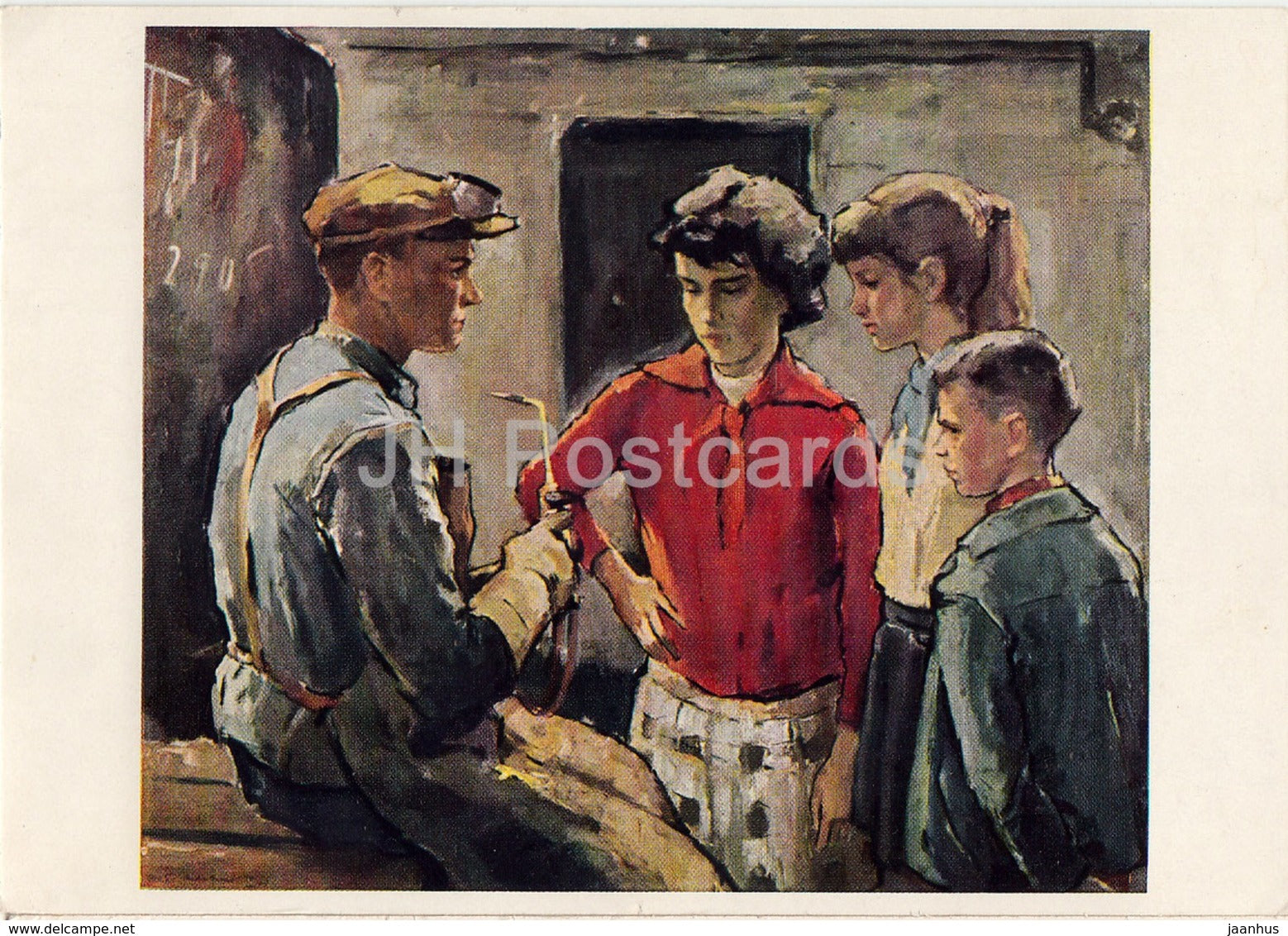 painting by Ernst Hecker - Unsere Patenklasse am Arbeitsplatz - German art - 1963 - Germany DDR - used - JH Postcards