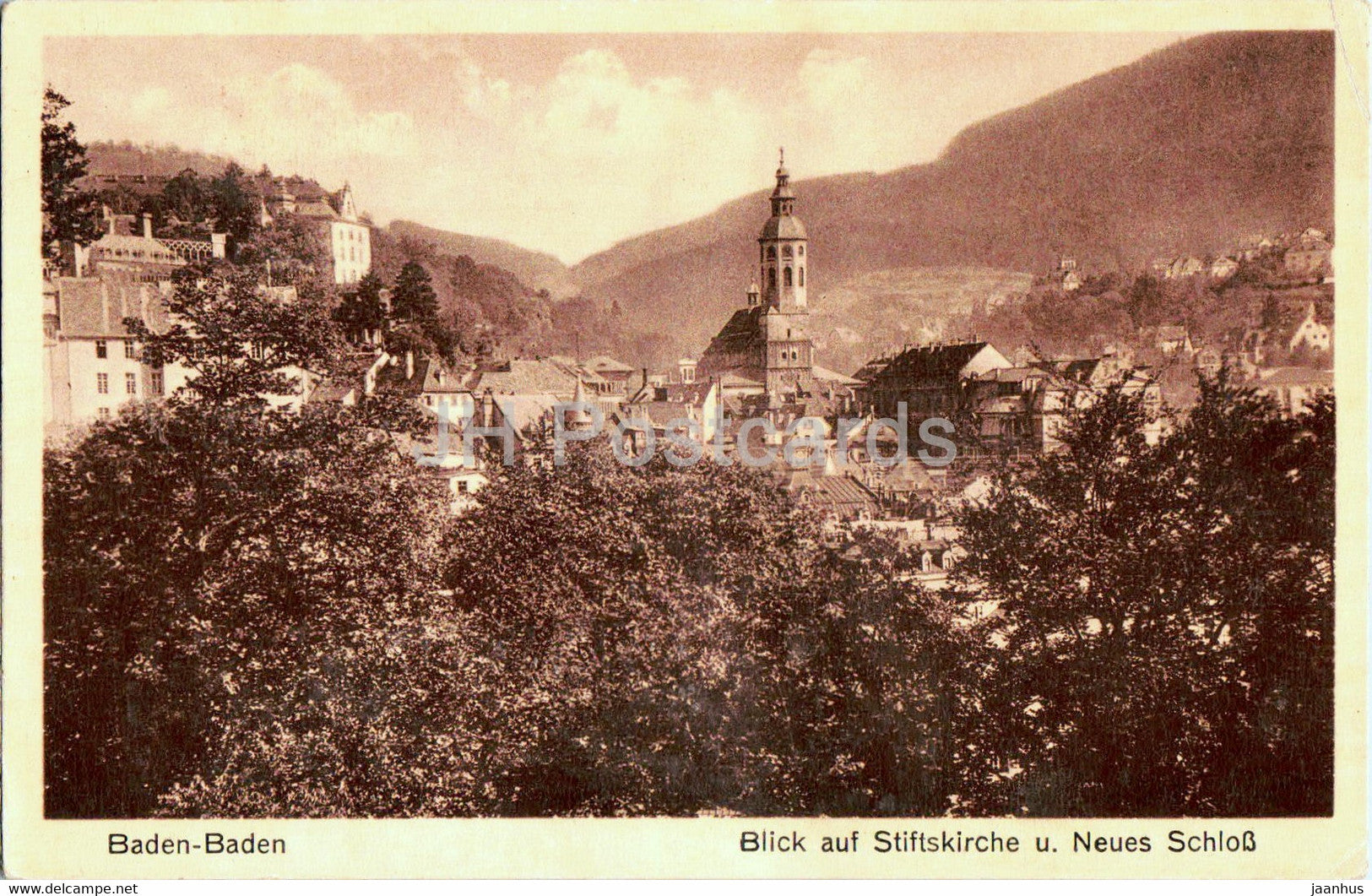 Baden Baden - Blick auf Stiftskirche u Neues Schloss - church - castle - old postcard - 1936 - Germany - used - JH Postcards