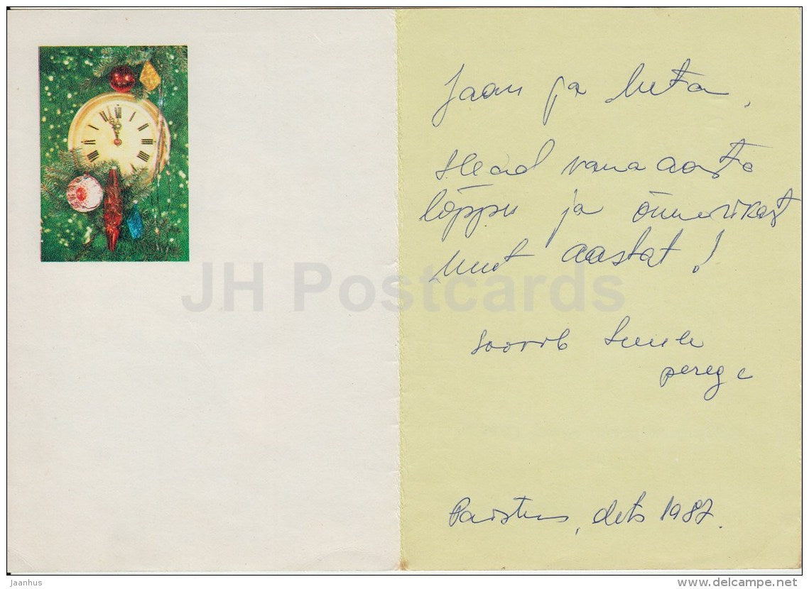 New Year Greeting card - clock - decorations - telegram - 1980 - Russia USSR - used - JH Postcards