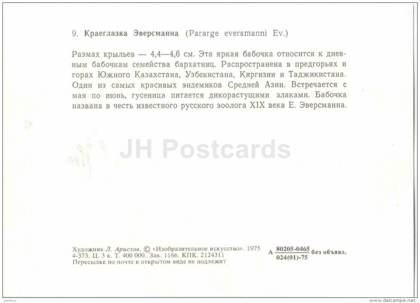 Pararge eversmanni - butterfly - 1975 - Russia USSR - unused - JH Postcards