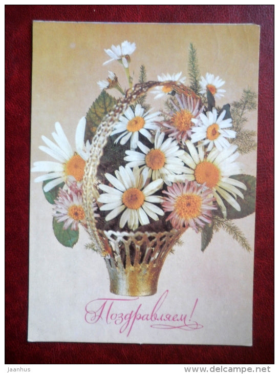 Greeting Card - daisies - basket - flowers - 1983 - Russia USSR - used - JH Postcards