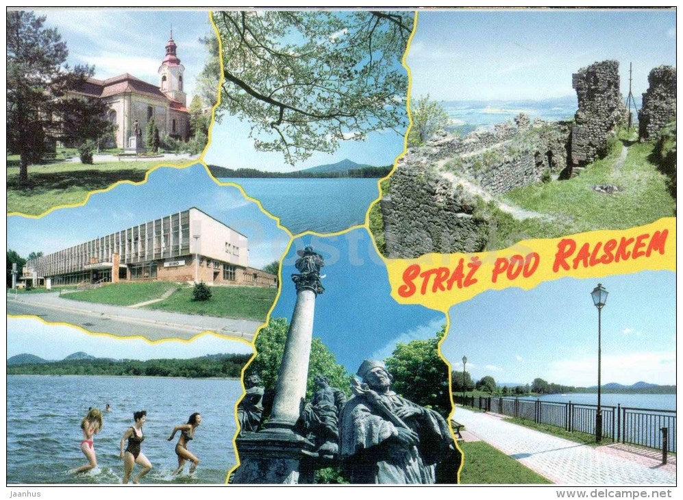 Straz pod Ralskem - St. Sigismund - Ralsko castle ruins - restaurant and cinema - stamp shell - Czech - used 2002 - JH Postcards