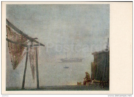 painting by G. Nissky - The Fog , 1943 - fisherman - nets - Russian art - 1982 - Russia USSR - unused - JH Postcards