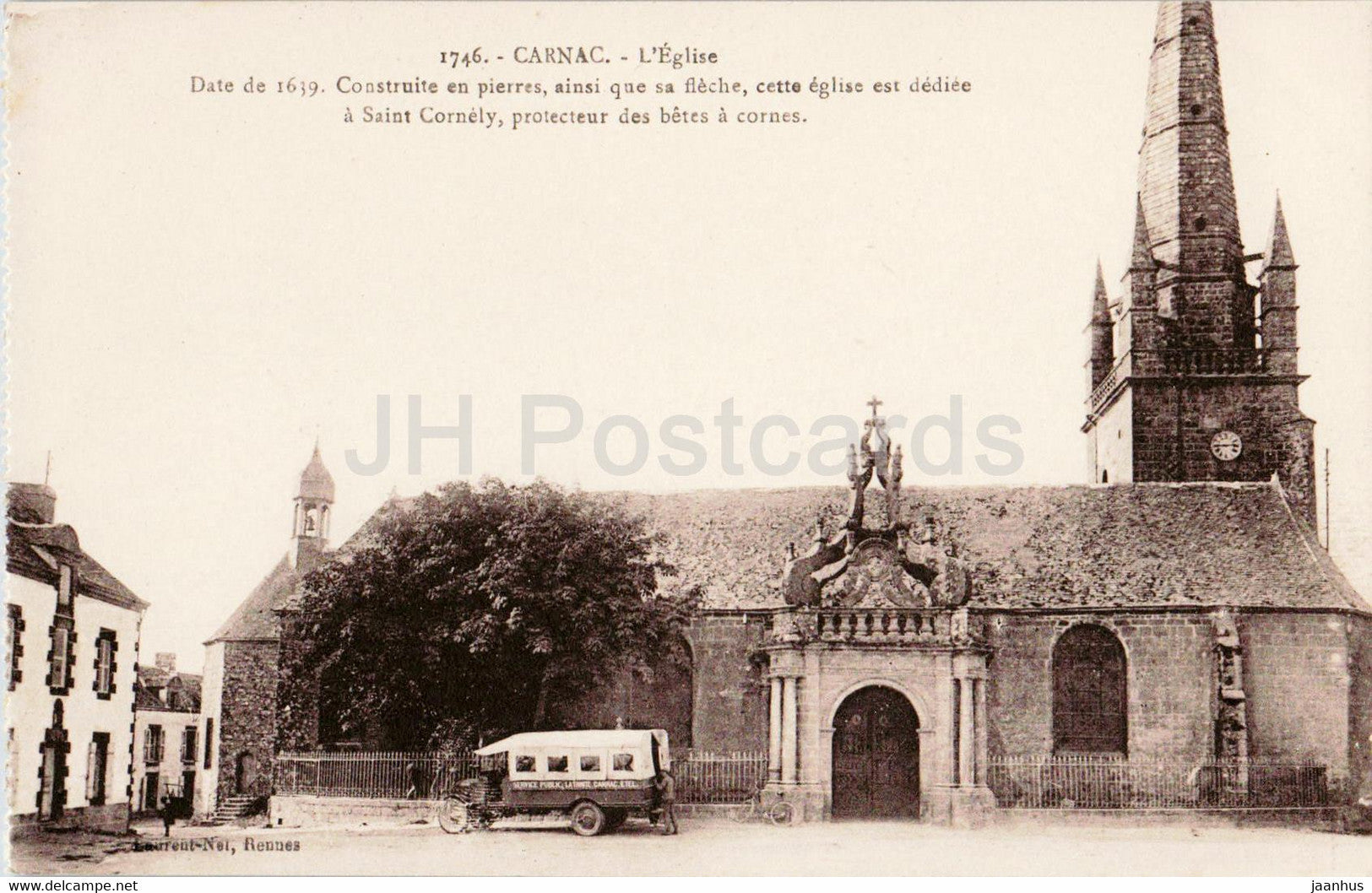 Carnac - L'Eglise - car - church - 1746 - old postcard - France - unused - JH Postcards