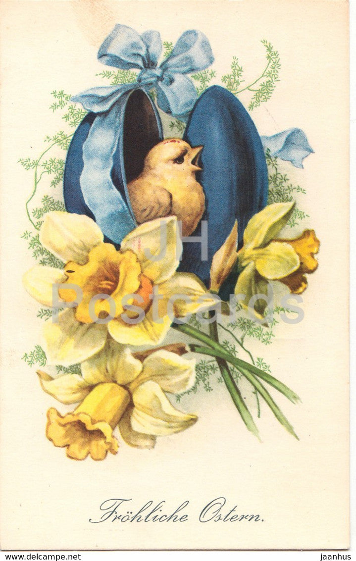 Easter Greeting Card - Frohliche Ostern - chicken - flowers - narcissus - 25015/2 - old postcard - 1950 - Belgium - used - JH Postcards