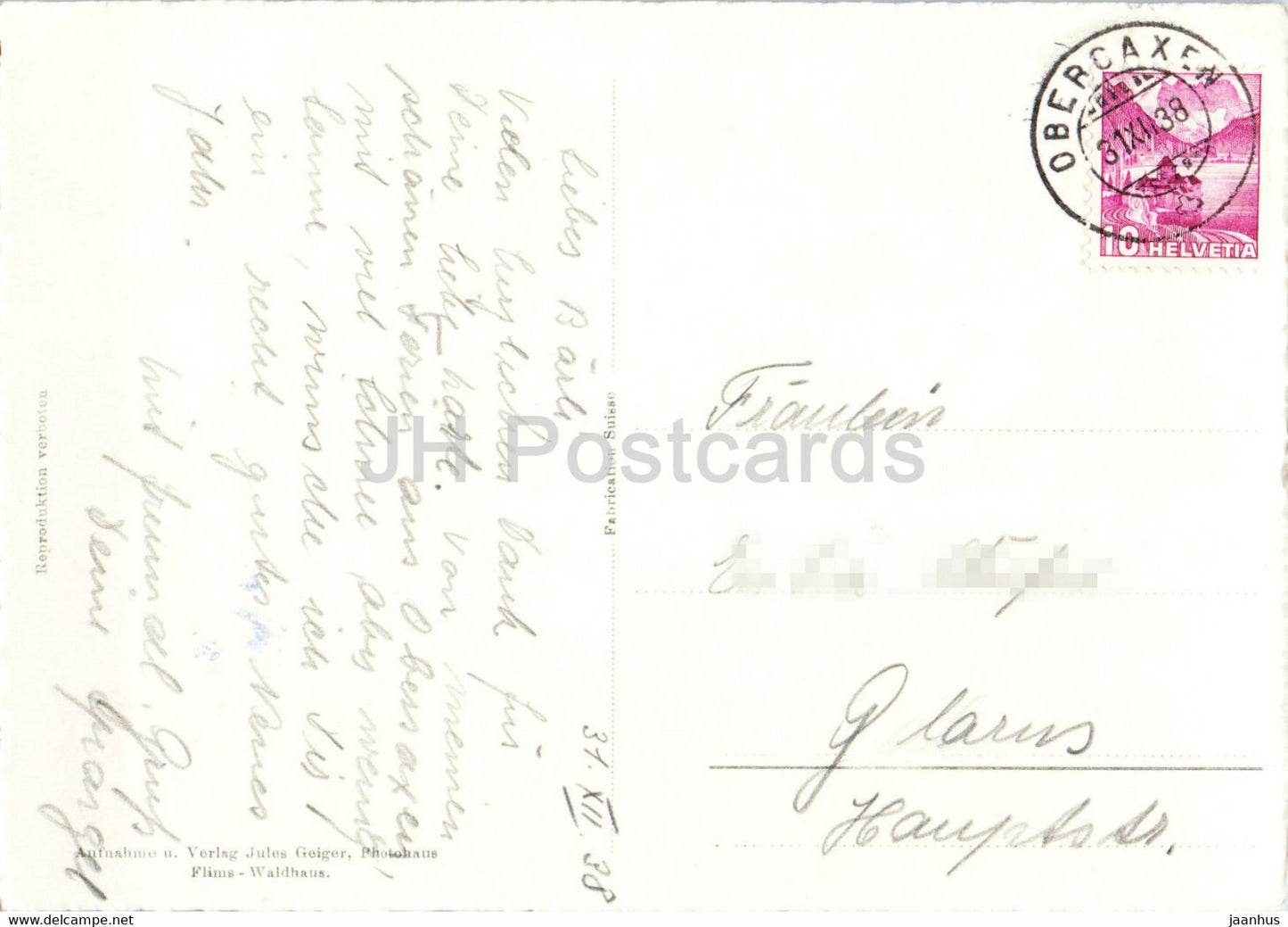 Wintermorgen in Obersaxen mit Valgrondagruppe - 611 - alte Postkarte - 1938 - Schweiz - gebraucht