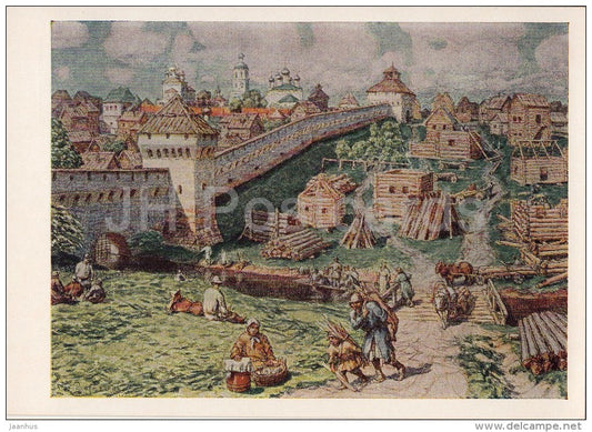 painting by V. Vasnetsov - Lubyanoy Market na Trube , 1926 - log houses - Russian art - 1956 - Russia USSR - unused - JH Postcards