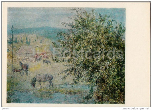 painting by N. Romadin - Raining . Horses , 1971 - Russian art - 1982 - Russia USSR - unused - JH Postcards