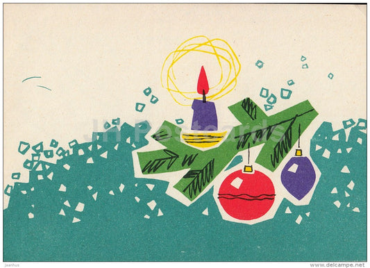 New Year Greeting card by L. Härm - candle - decorations - 1965 - Estonia USSR - used - JH Postcards