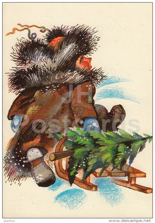 New Year Greeting card - by I. Raudsepp - 1 - sleigh - boy - fir tree - 1984 - Estonia USSR - used - JH Postcards