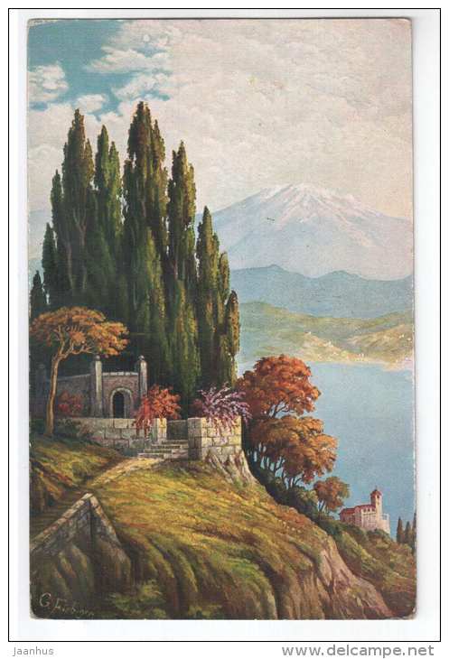 illustration by Fiebiger - castle , trees - Amag 1007 - old postcard - circulated in Estonia 1926 , Haapsalu - used - JH Postcards