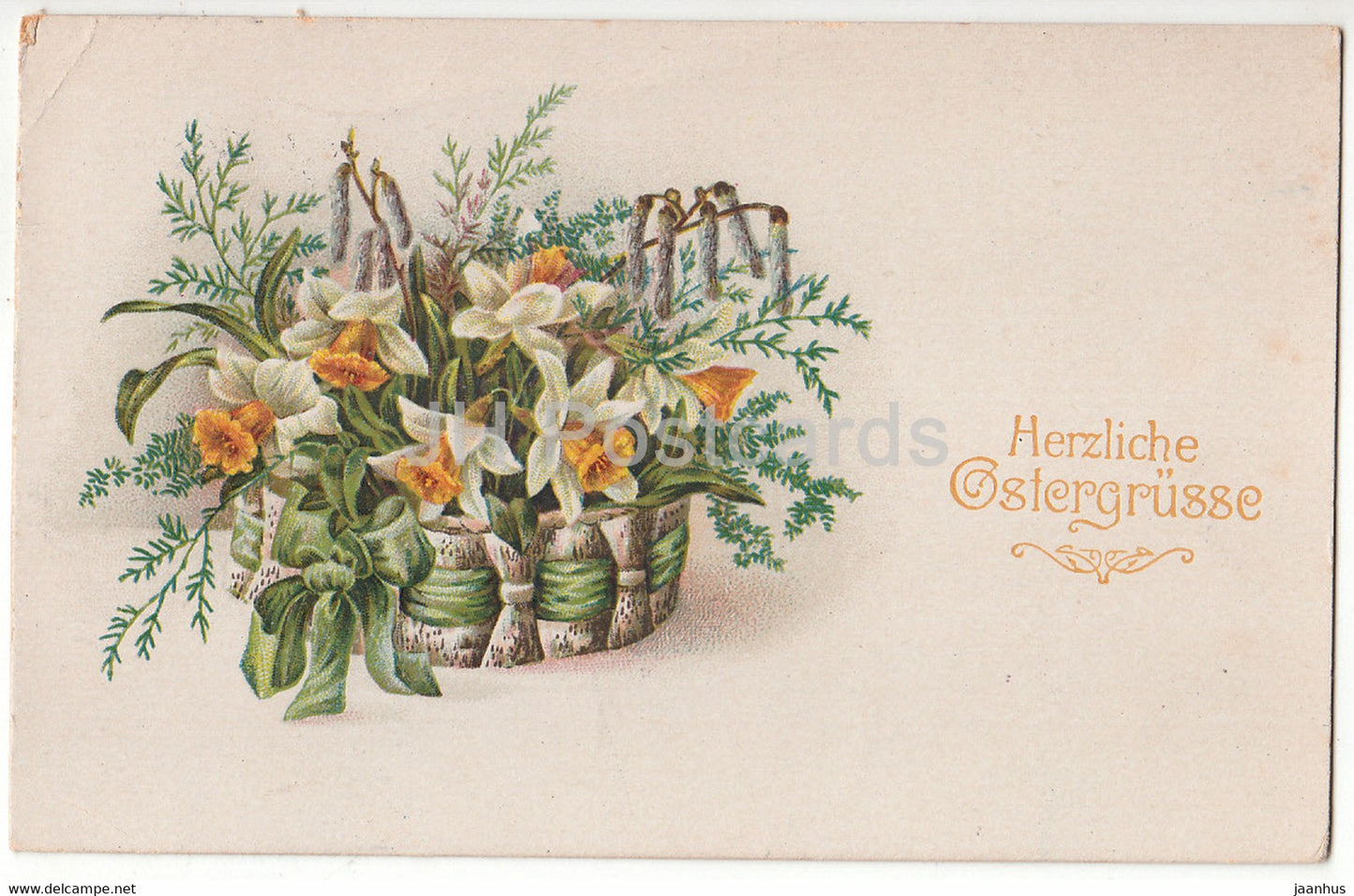 Easter Greeting Card - Herzliche Ostergrusse - flowers - narcissus - Amag - old postcard - 1925 - Germany - used - JH Postcards