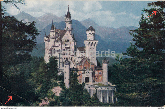 Schloss Neuschwanstein 1008 meter - castle - 454 - old postcard - Germany - unused - JH Postcards