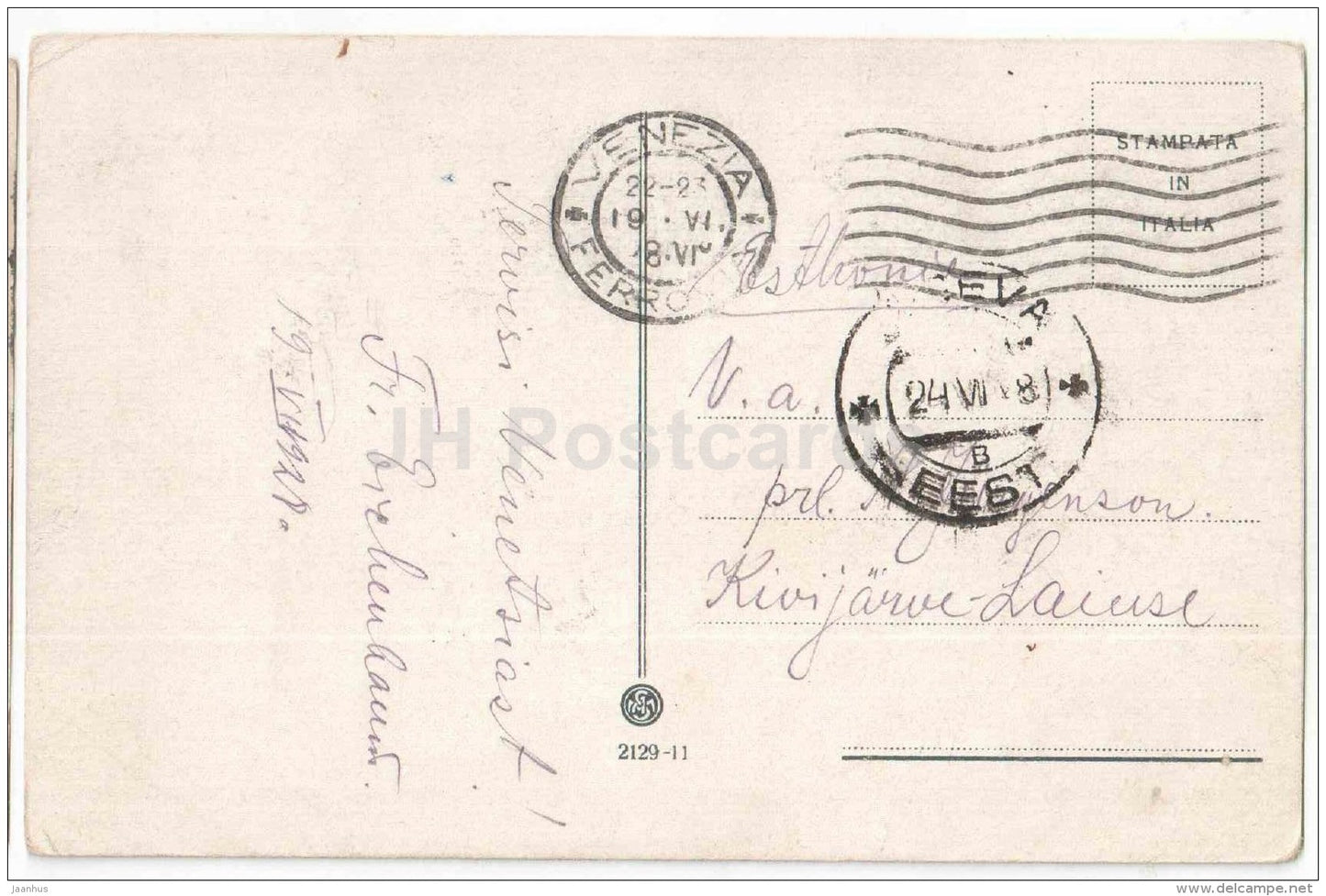 Canal Grande - Palazzo Franchetti - Venice - Venezia -2129-11 - Italia - Italy - sent from Italy Venezia to Estonia 1928 - JH Postcards