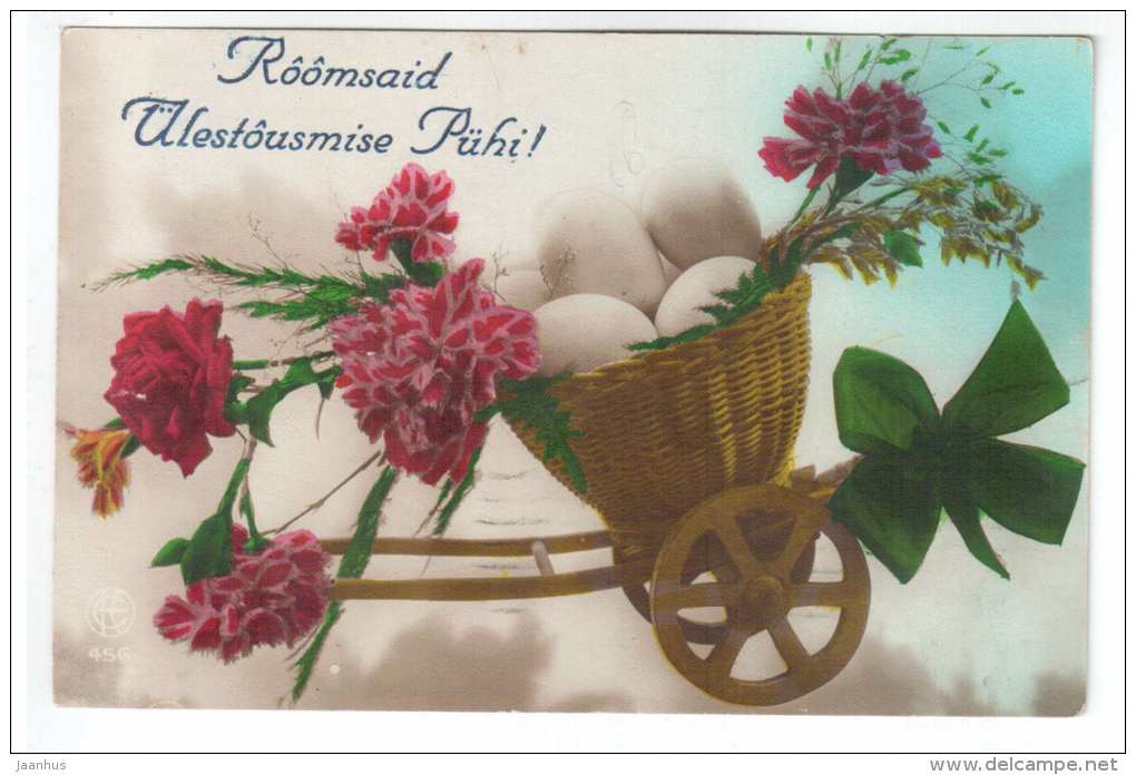 Easter Greeting Card - eggs - flowers - carnation - EKO 456 - old postcard - circulated in Estonia 1927 Tallinn - used - JH Postcards