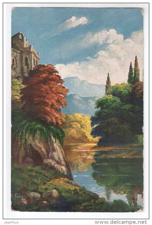 illustration by Fiebiger - castle , trees - Amag 1017 - old postcard - circulated in Estonia 1930 , Kohtla-Järve - used - JH Postcards