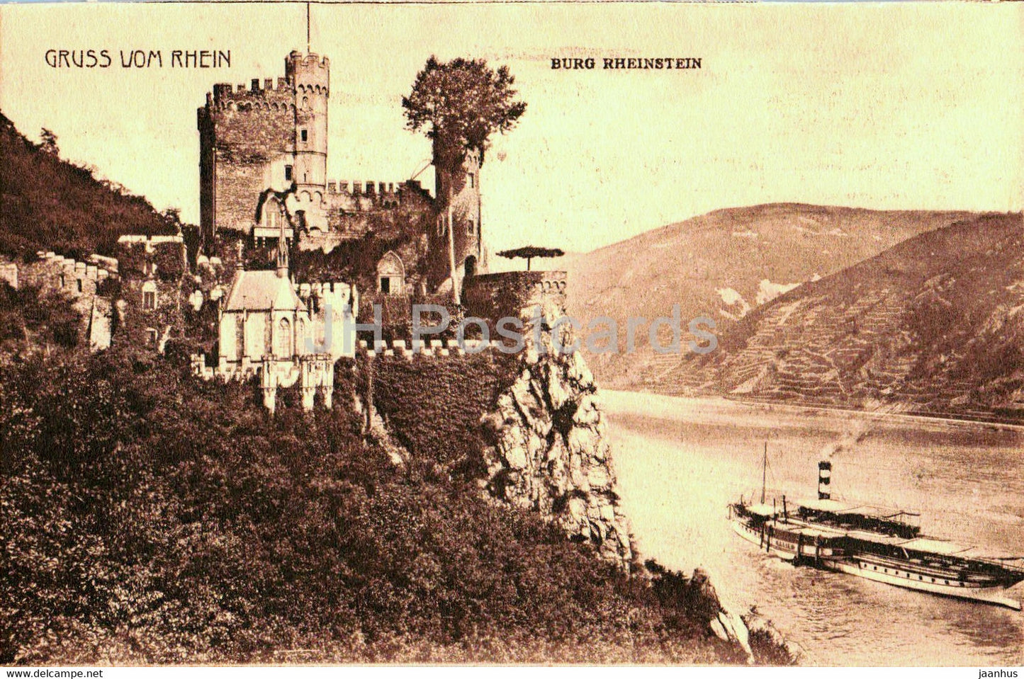 Gruss vom Rhein - Burg Rheinstein - ship - old postcard - Germany - unused - JH Postcards