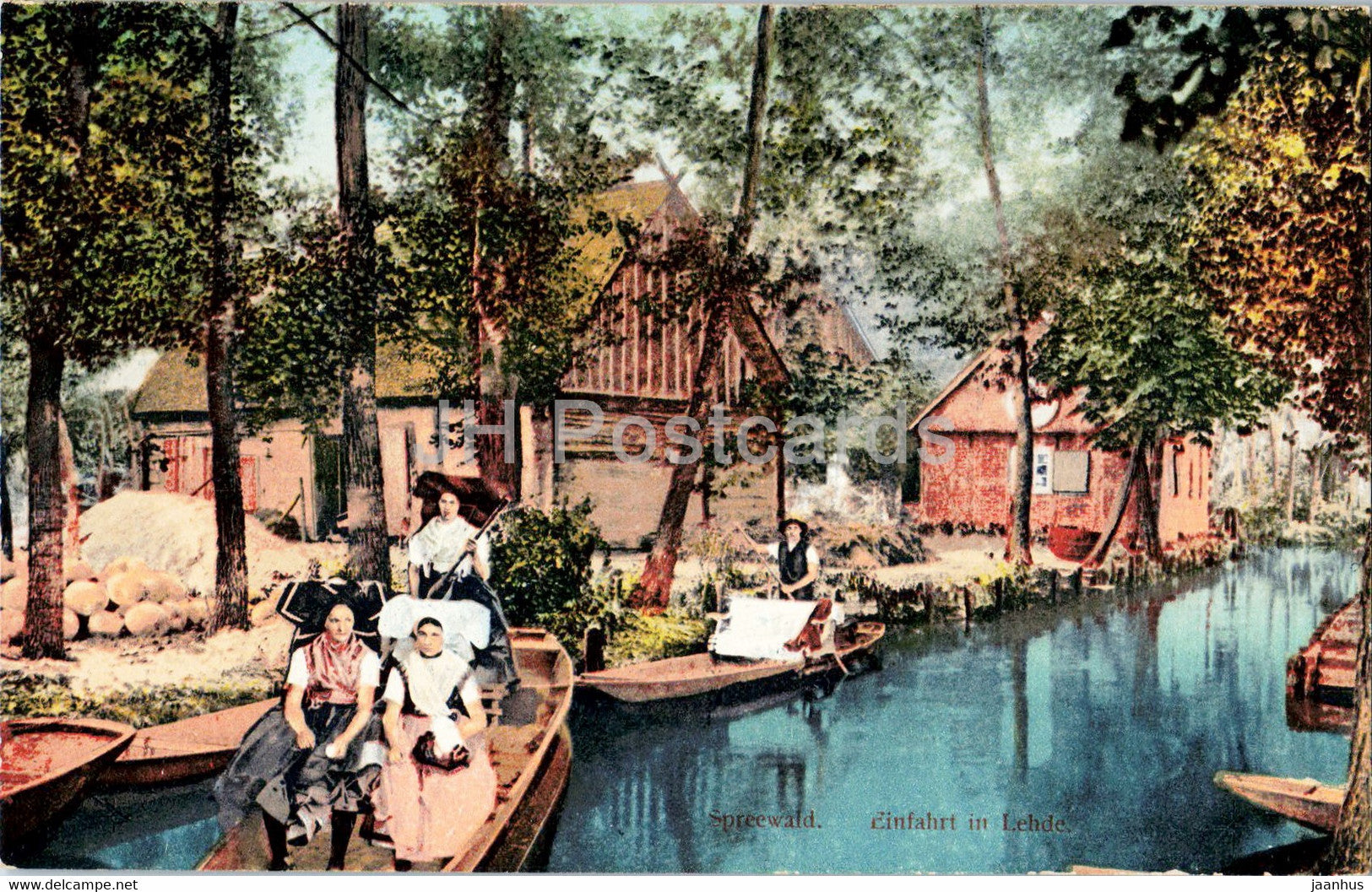 Spreewald - Einfahrt in Lehde - boat - folk costumes - old postcard - Germany - unused - JH Postcards