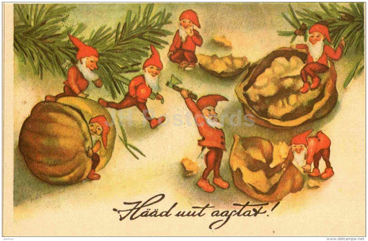 New Year Greeting Card - gnomes - walnut - REPRODUCTION ! - 1988 - Estonia USSR - unused - JH Postcards