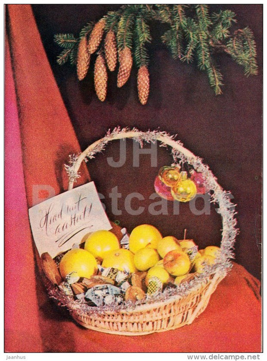 New Year Greeting card - apples - candies - basket - decorations - telegram - 1980 - Estonia USSR - used - JH Postcards