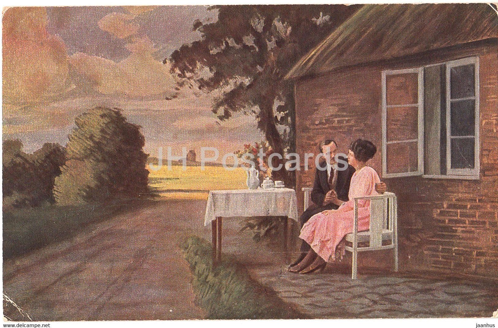 painting by A Hansa - Gluckliche Stunden - German art - Amag 191 - old postcard - Germany - used - JH Postcards