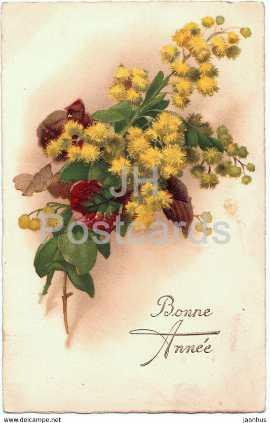 Birthday Greeting Card - Bonne Annee - yellow flowers - 8856 - illustration - old postcard - France - used - JH Postcards