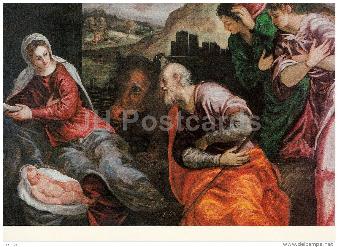 painting by Tintoretto - The Adoration of the Shepherds - Italian art - large format card - Czech - unused - JH Postcards