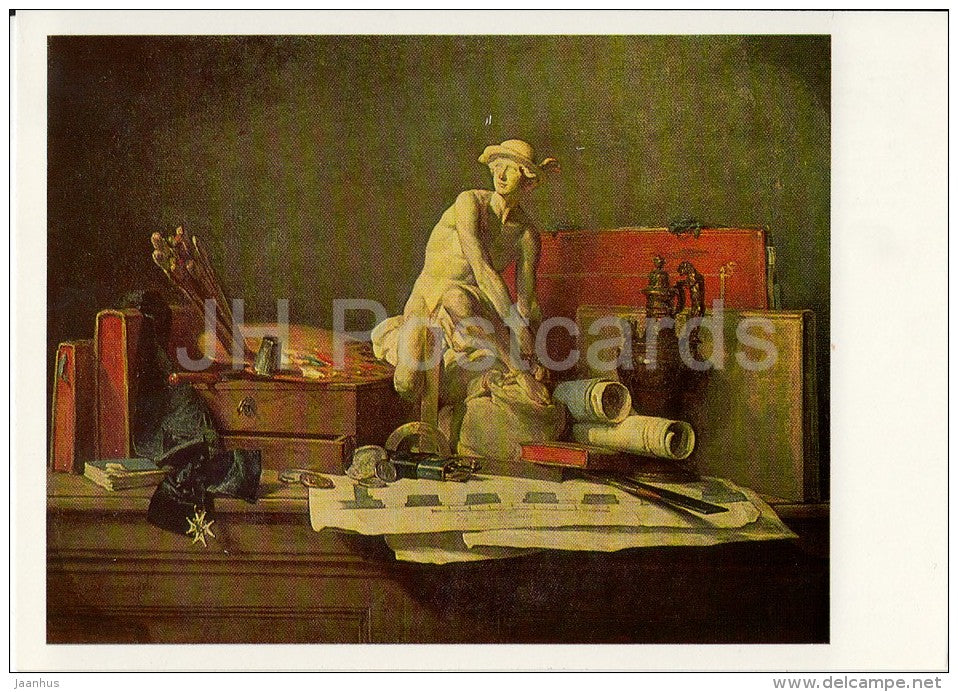 painting by Jean-Baptiste Simeon Chardin - Still Life with Attributes of Arts - French art - Russia USSR - 1988 - unused - JH Postcards