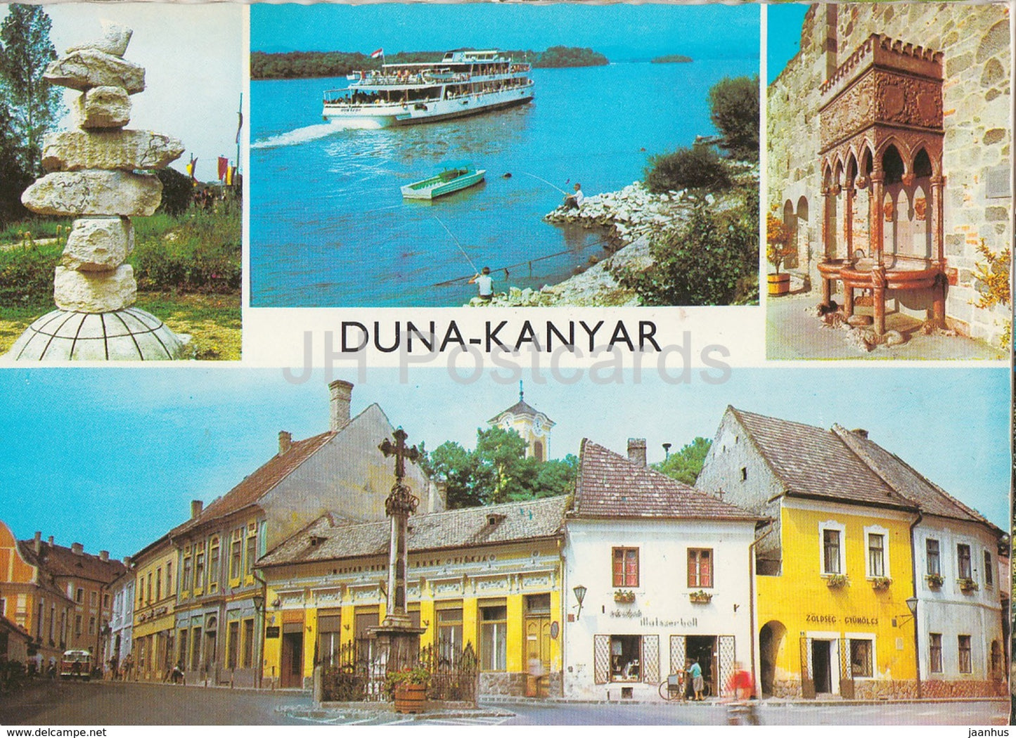 Duna Kanyar - Danube river bend - boat - street - multiview - 1970s - Hungary - used - JH Postcards