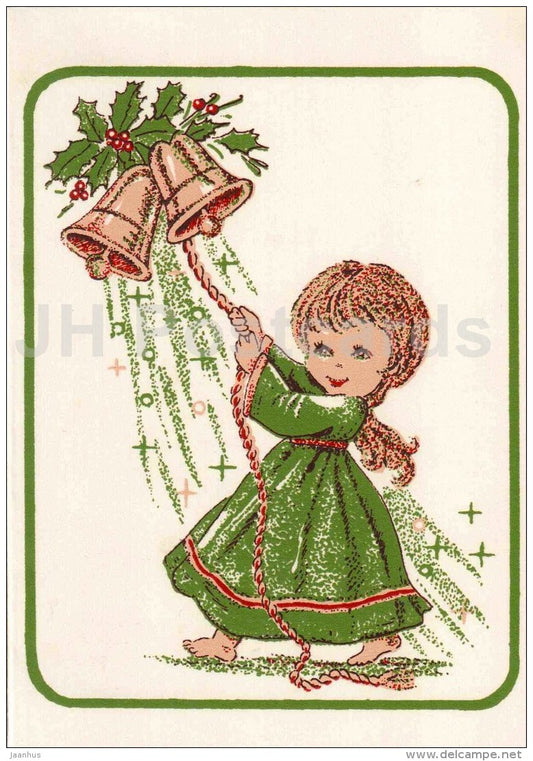 New Year Greeting Card - girl - bells - Estonia USSR - used - JH Postcards