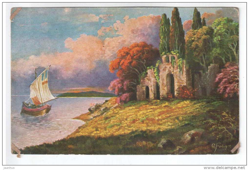 illustration by Fiebiger - castle ruins , boat - Amag 1067 - old postcard - circulated in Estonia 1932 , Jõhvi - used - JH Postcards