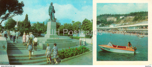 Yalta - monument to Russian writer Maxim Gorky - Massandra Beaches - motor boat - Crimea - 1980 - Ukraine USSR - unused - JH Postcards