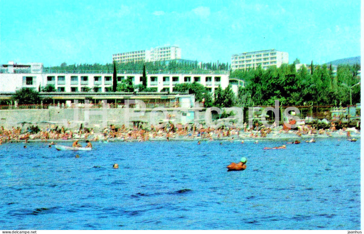 Alushta - view from the sea on the boarding house Dnipro - beach - Crimea - 1978 - Ukraine USSR - unused - JH Postcards