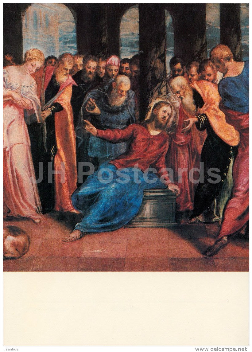 painting by Tintoretto - Woman Taken in Adultery Brought Before Christ Italian art - large format card - Czech - unused - JH Postcards