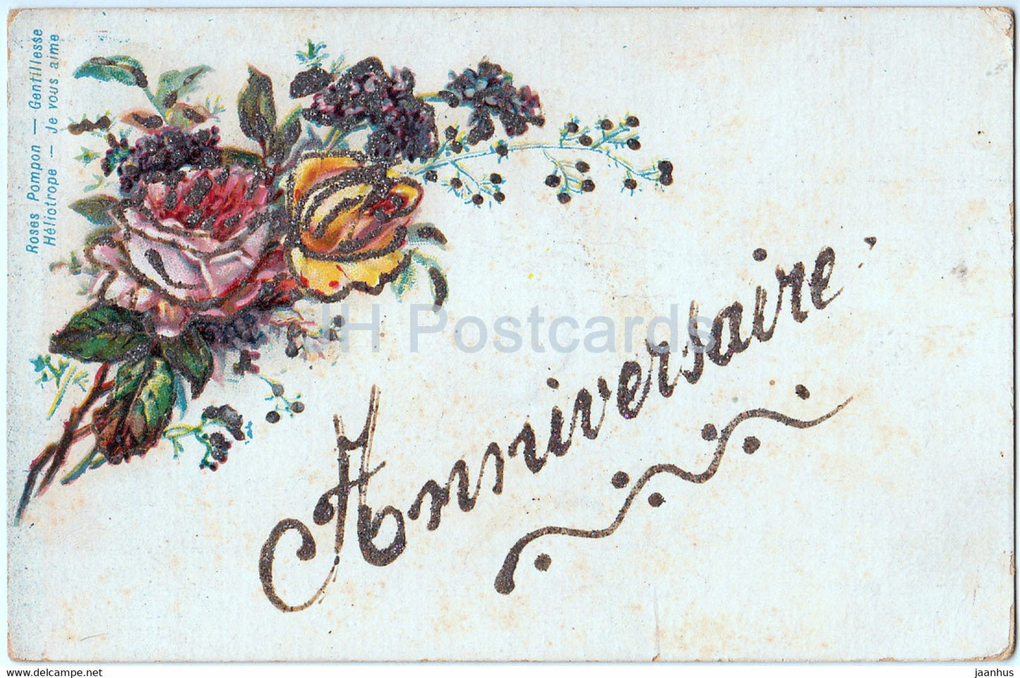 Roses Pompon Gentillesse - Anniversaire - flowers - roses - illustration - old postcard - 1904 - France - used - JH Postcards