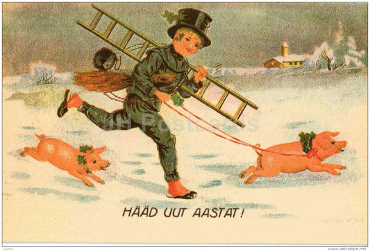 New Year Greeting Card - pigs - chimney sweeper - REPRODUCTION ! - 1988 - Estonia USSR - unused - JH Postcards