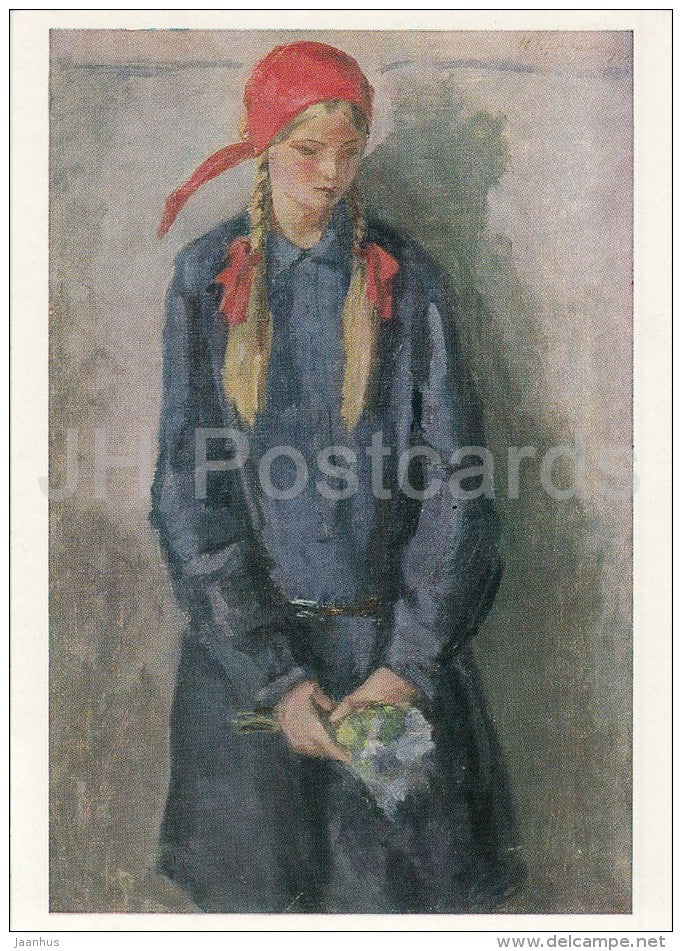 painting by N. Chernyshev - Girl with a bouquet of flowers , 1928 - chidren - Russian art - 1988 - Russia USSR - unused - JH Postcards