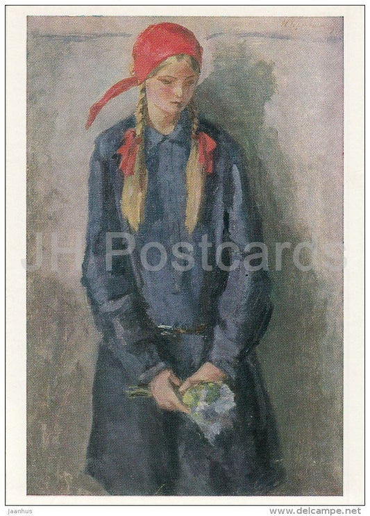 painting by N. Chernyshev - Girl with a bouquet of flowers , 1928 - chidren - Russian art - 1988 - Russia USSR - unused - JH Postcards