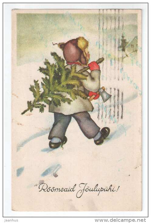 Christmas Greeting Card - boy - christmas tree - WO 1037 - old postcard - circulated in Estonia 1935 - used - JH Postcards