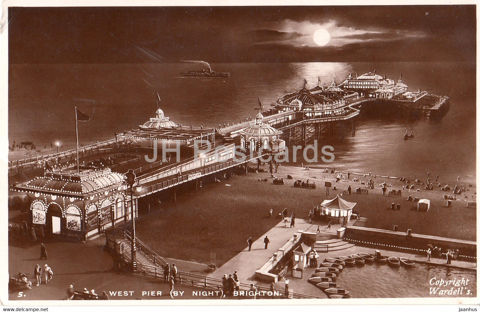 West Pier by Night - Brighton - 5 - old postcard - 1939 - United Kingdom - England - used - JH Postcards