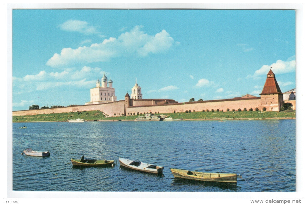 View of the Kremlin - boats - Pskov - 1974 - Russia USSR - unused - JH Postcards