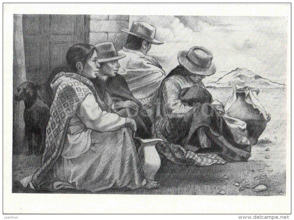 Drawing by L. Pellegrini - Pending - Native People of South America - dog - art - unused - JH Postcards