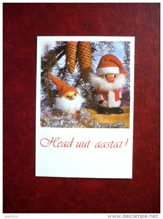 New Year mini Greeting card - dwarfs - 1987 - Estonia USSR - used - JH Postcards