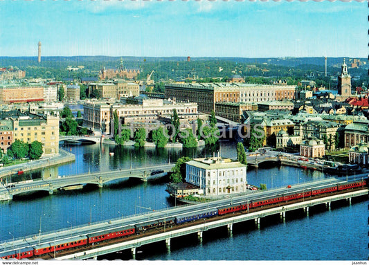 Stockholm - View from the City Hall Tower over the Royal Palace and House of Parliament - train - Sweden - unused - JH Postcards