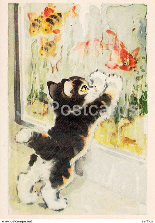 illustration by L. Gamburger - kitten - fish - animals - Postcards for Children - 1984 - Russia USSR - unused - JH Postcards